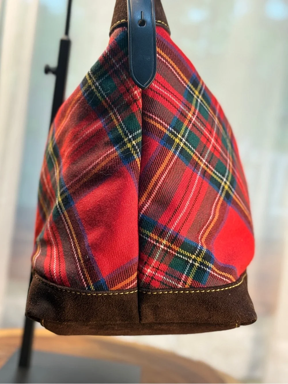 Dooney & Bourke Red Tartan Plaid Hobo Shoulder Bag Dark Brown Suede Trim EUC